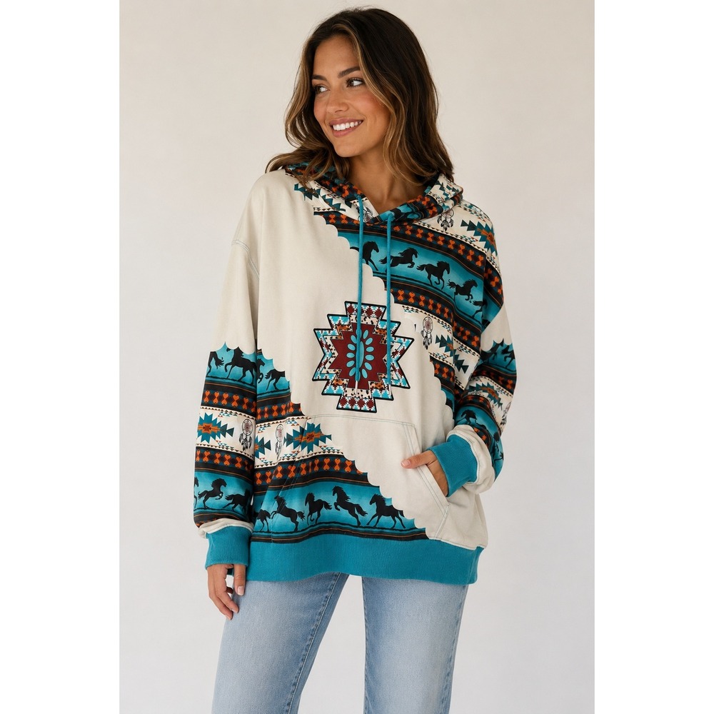 anaoree Women's Large Southwestern Horse Print Hoodie Teal Cream Western Boho